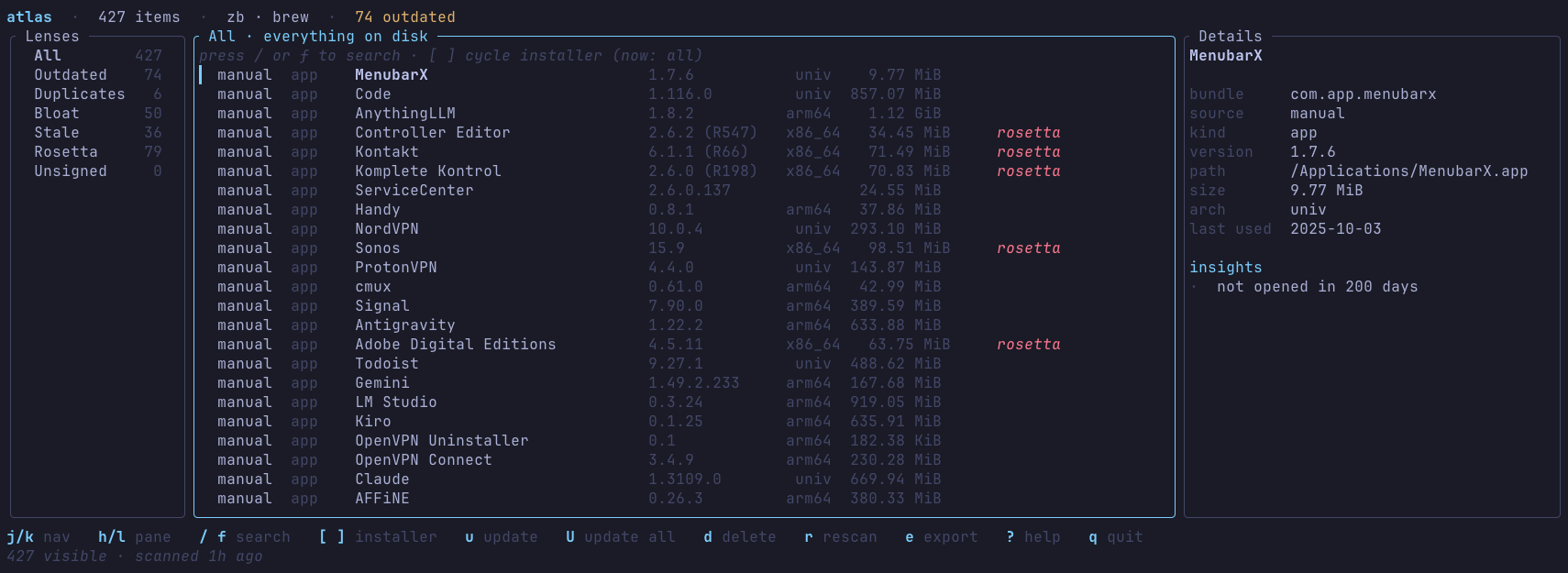 Atlas TUI showing 427 items across zerobrew, homebrew, and manual .app installs ・ with inline columns for source, kind, name, version, arch, size, and status markers for outdated and Rosetta apps.